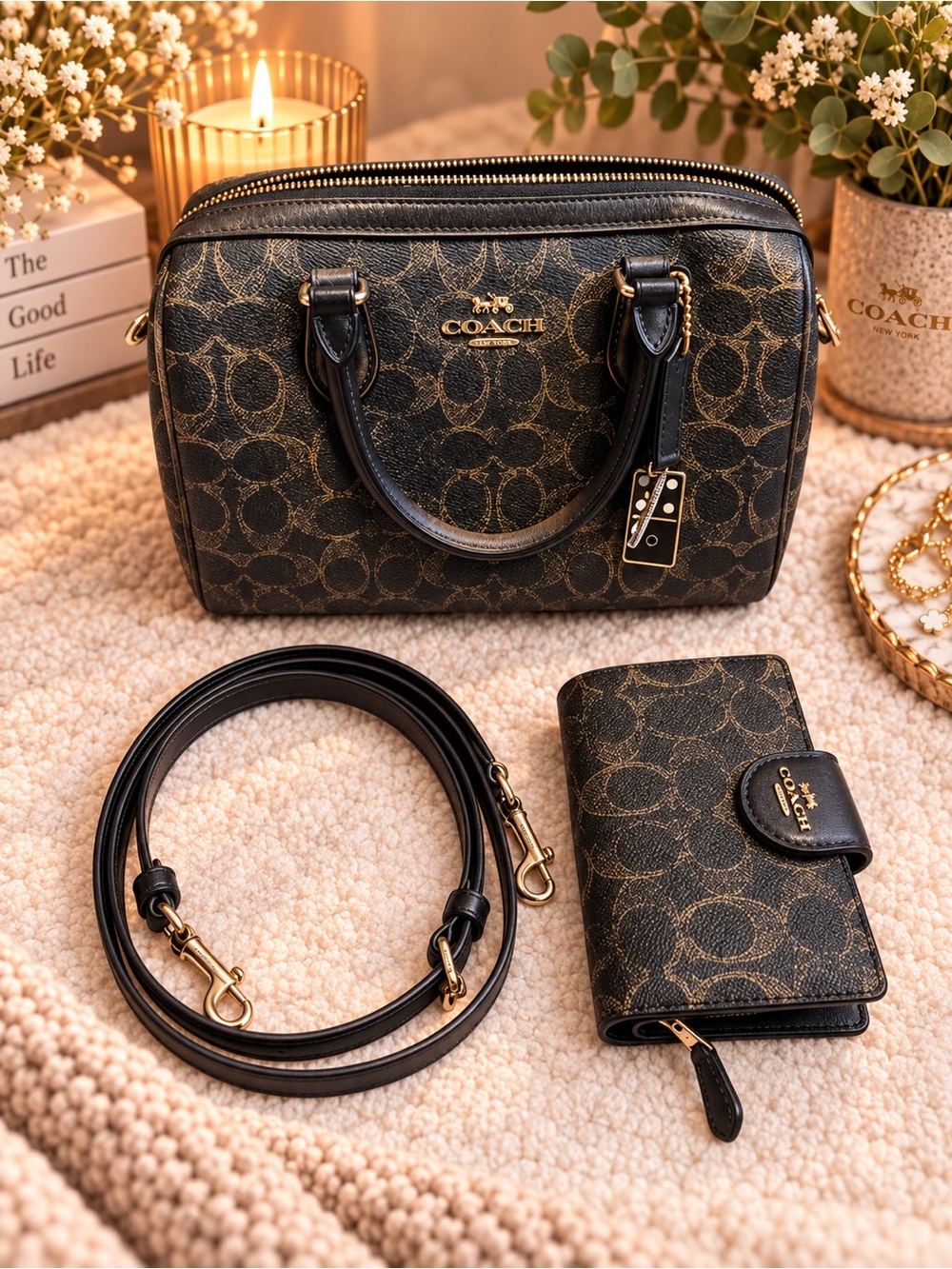 Coach Black Signature Canvas Mini Satchel with Gold Hardware and Matching Wallet